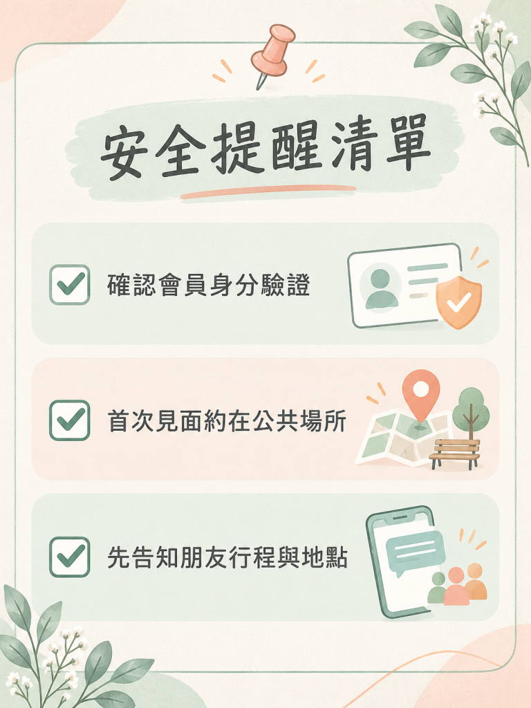 短期約會中的安全與平台功能_安全提醒清單圖